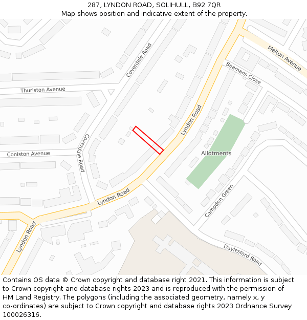 287, LYNDON ROAD, SOLIHULL, B92 7QR: Location map and indicative extent of plot