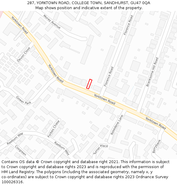 287, YORKTOWN ROAD, COLLEGE TOWN, SANDHURST, GU47 0QA: Location map and indicative extent of plot