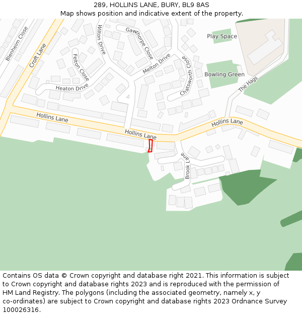289, HOLLINS LANE, BURY, BL9 8AS: Location map and indicative extent of plot