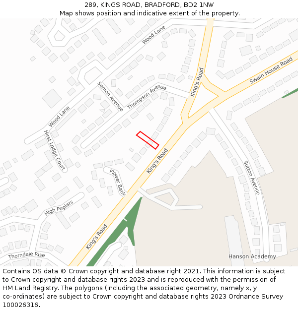 289, KINGS ROAD, BRADFORD, BD2 1NW: Location map and indicative extent of plot