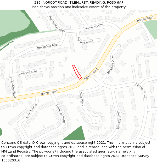 289, NORCOT ROAD, TILEHURST, READING, RG30 6AF: Location map and indicative extent of plot