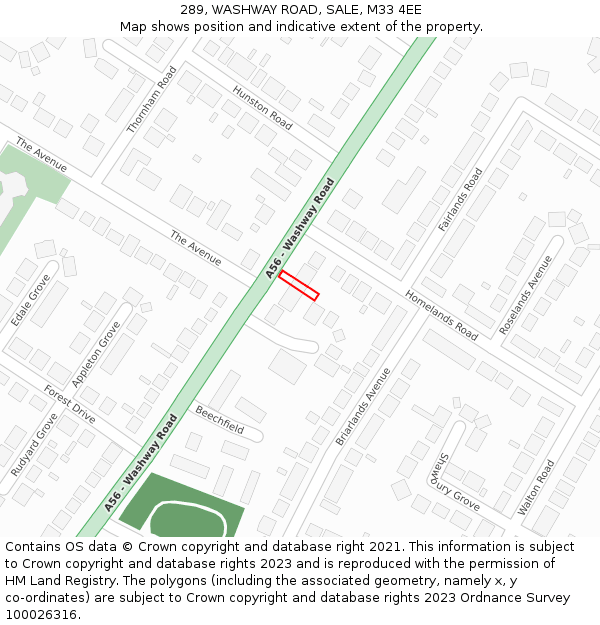 289, WASHWAY ROAD, SALE, M33 4EE: Location map and indicative extent of plot