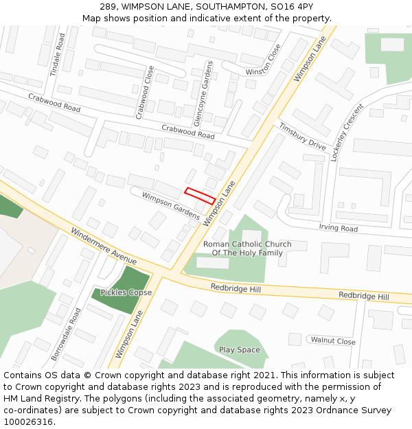 289, WIMPSON LANE, SOUTHAMPTON, SO16 4PY: Location map and indicative extent of plot