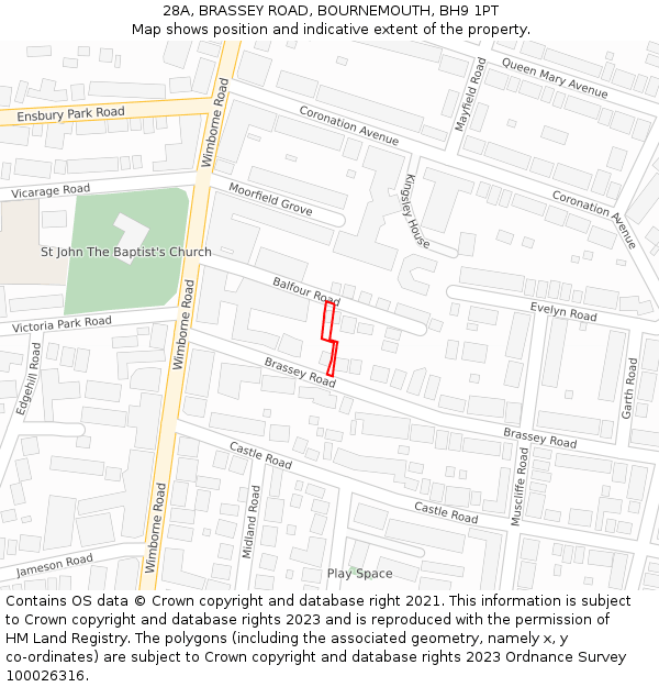 28A, BRASSEY ROAD, BOURNEMOUTH, BH9 1PT: Location map and indicative extent of plot