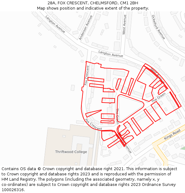 28A, FOX CRESCENT, CHELMSFORD, CM1 2BH: Location map and indicative extent of plot