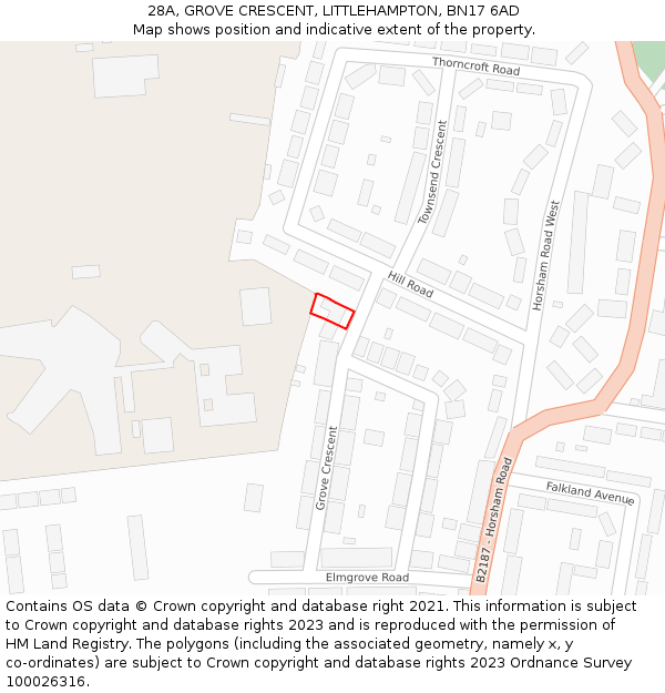 28A, GROVE CRESCENT, LITTLEHAMPTON, BN17 6AD: Location map and indicative extent of plot