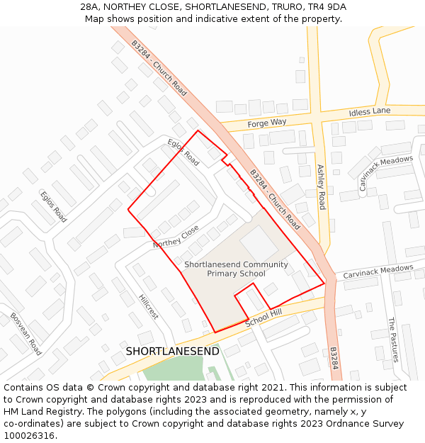 28A, NORTHEY CLOSE, SHORTLANESEND, TRURO, TR4 9DA: Location map and indicative extent of plot