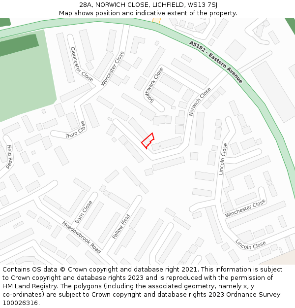 28A, NORWICH CLOSE, LICHFIELD, WS13 7SJ: Location map and indicative extent of plot