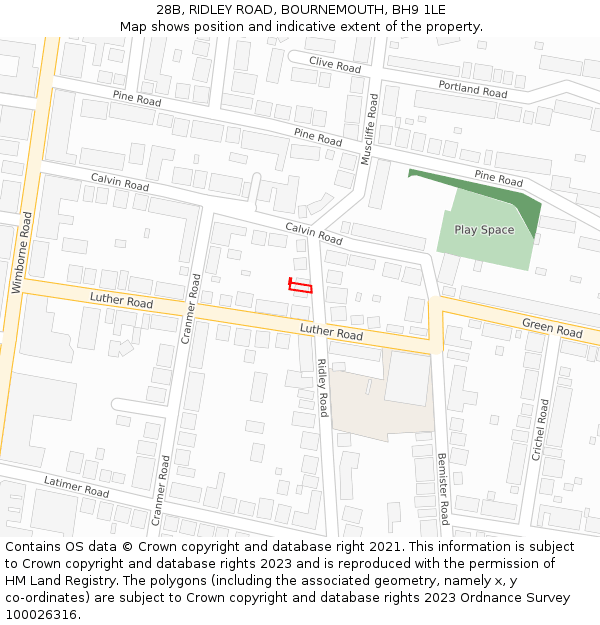 28B, RIDLEY ROAD, BOURNEMOUTH, BH9 1LE: Location map and indicative extent of plot