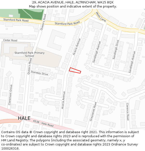 29, ACACIA AVENUE, HALE, ALTRINCHAM, WA15 8QX: Location map and indicative extent of plot