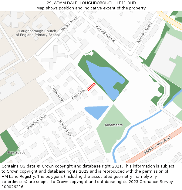 29, ADAM DALE, LOUGHBOROUGH, LE11 3HD: Location map and indicative extent of plot