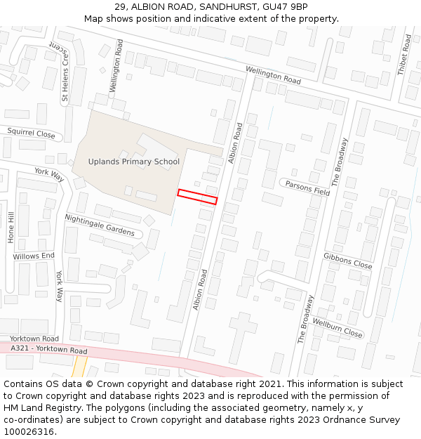 29, ALBION ROAD, SANDHURST, GU47 9BP: Location map and indicative extent of plot