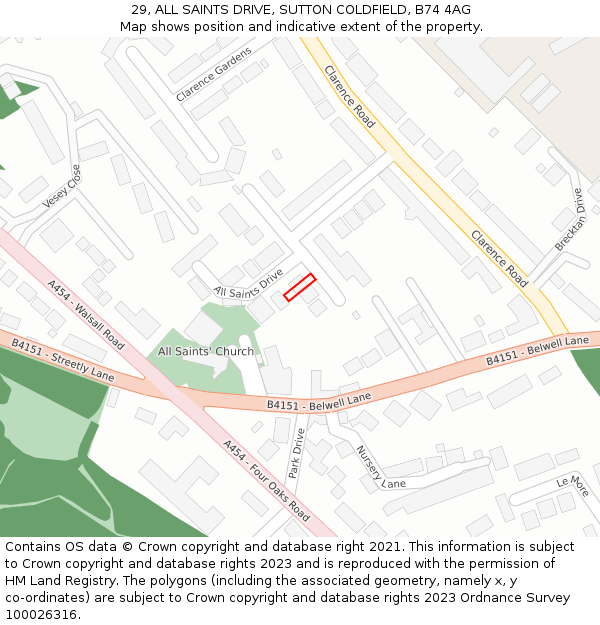 29, ALL SAINTS DRIVE, SUTTON COLDFIELD, B74 4AG: Location map and indicative extent of plot