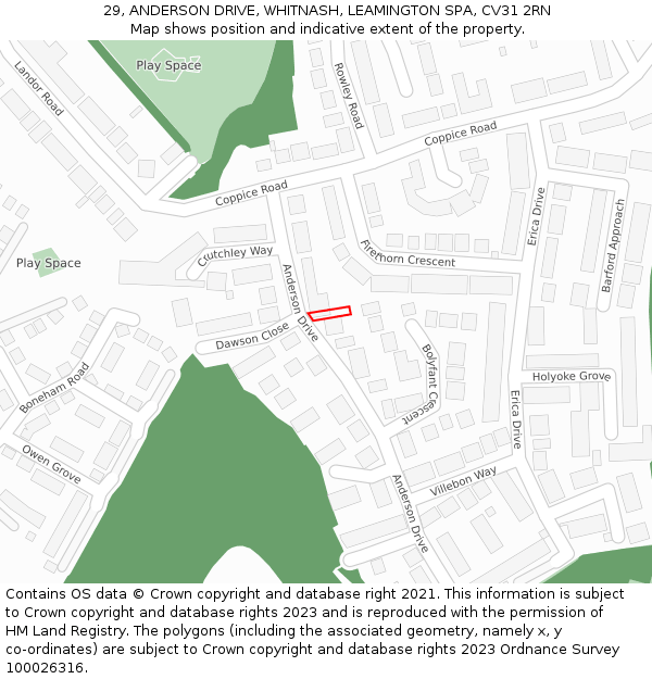 29, ANDERSON DRIVE, WHITNASH, LEAMINGTON SPA, CV31 2RN: Location map and indicative extent of plot