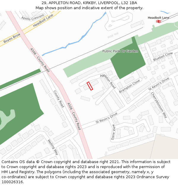 29, APPLETON ROAD, KIRKBY, LIVERPOOL, L32 1BA: Location map and indicative extent of plot