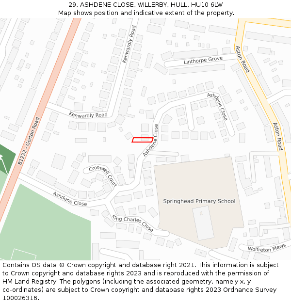 29, ASHDENE CLOSE, WILLERBY, HULL, HU10 6LW: Location map and indicative extent of plot