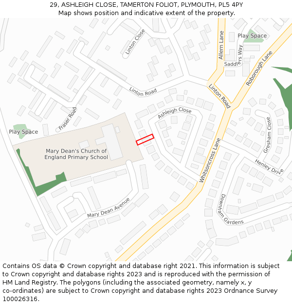 29, ASHLEIGH CLOSE, TAMERTON FOLIOT, PLYMOUTH, PL5 4PY: Location map and indicative extent of plot