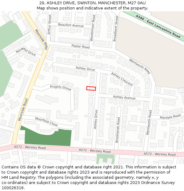29, ASHLEY DRIVE, SWINTON, MANCHESTER, M27 0AU: Location map and indicative extent of plot