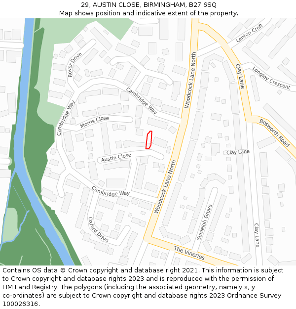 29, AUSTIN CLOSE, BIRMINGHAM, B27 6SQ: Location map and indicative extent of plot