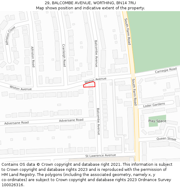 29, BALCOMBE AVENUE, WORTHING, BN14 7RU: Location map and indicative extent of plot