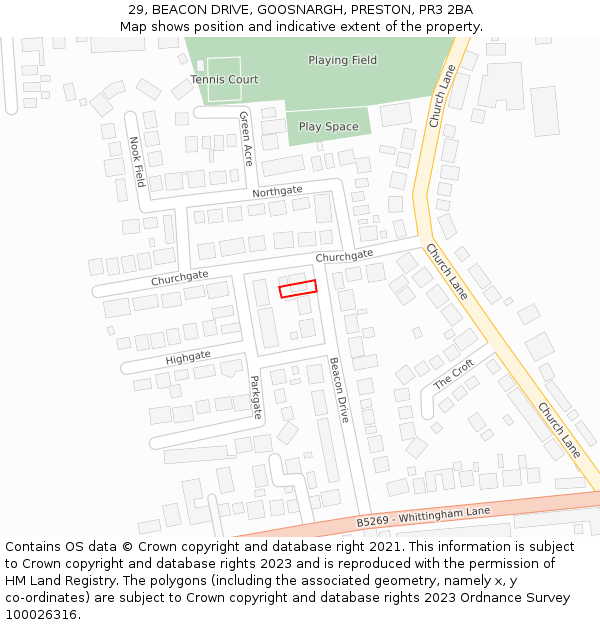 29, BEACON DRIVE, GOOSNARGH, PRESTON, PR3 2BA: Location map and indicative extent of plot