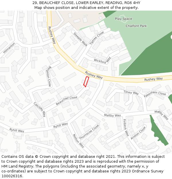 29, BEAUCHIEF CLOSE, LOWER EARLEY, READING, RG6 4HY: Location map and indicative extent of plot
