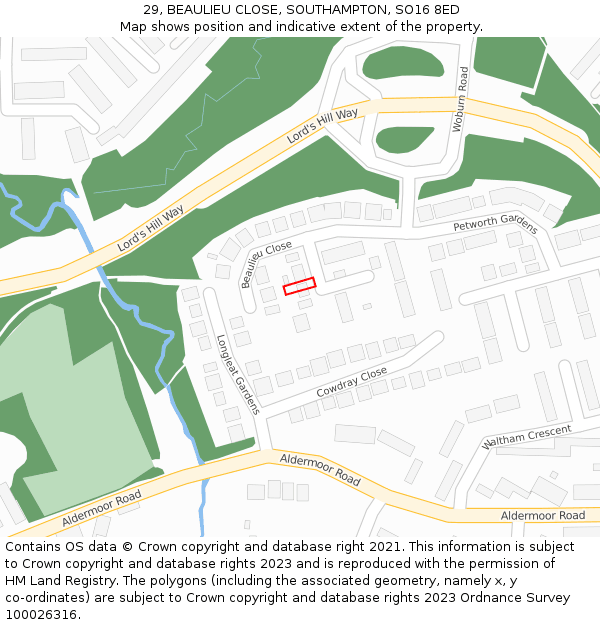 29, BEAULIEU CLOSE, SOUTHAMPTON, SO16 8ED: Location map and indicative extent of plot