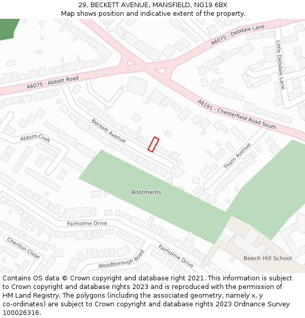 29, BECKETT AVENUE, MANSFIELD, NG19 6BX: Location map and indicative extent of plot