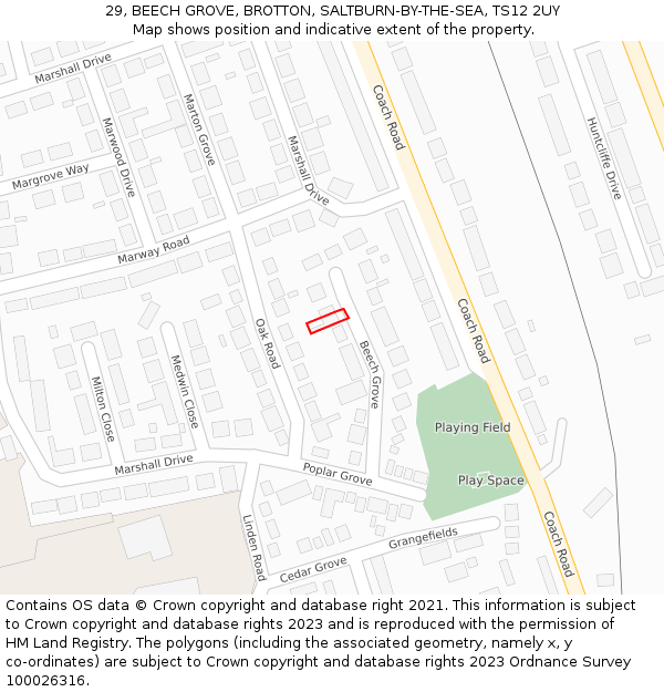 29, BEECH GROVE, BROTTON, SALTBURN-BY-THE-SEA, TS12 2UY: Location map and indicative extent of plot