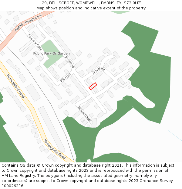 29, BELLSCROFT, WOMBWELL, BARNSLEY, S73 0UZ: Location map and indicative extent of plot