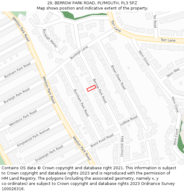29, BERROW PARK ROAD, PLYMOUTH, PL3 5PZ: Location map and indicative extent of plot