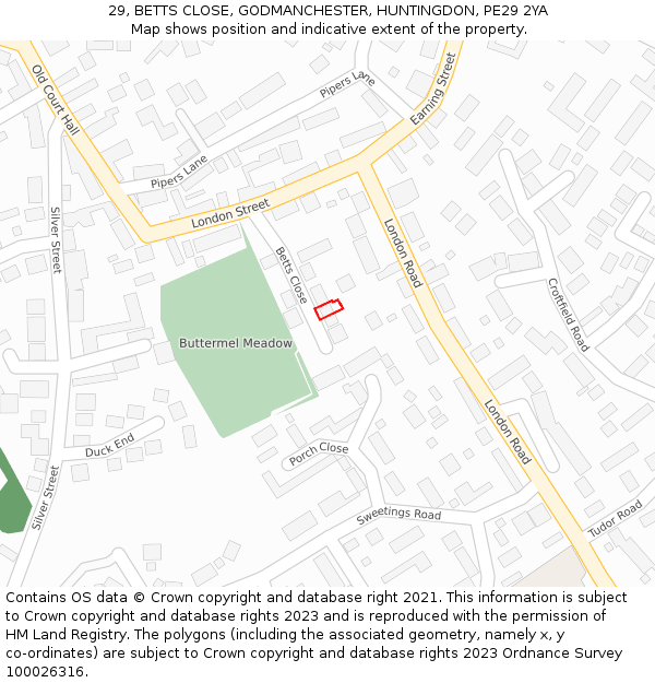 29, BETTS CLOSE, GODMANCHESTER, HUNTINGDON, PE29 2YA: Location map and indicative extent of plot