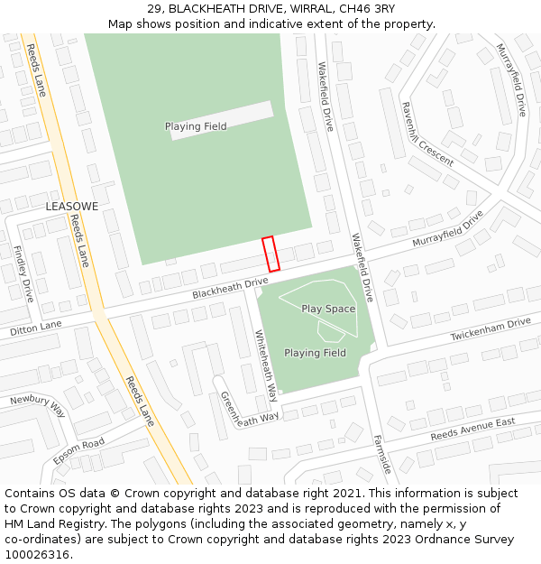 29, BLACKHEATH DRIVE, WIRRAL, CH46 3RY: Location map and indicative extent of plot
