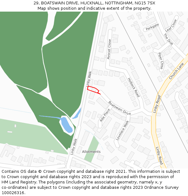 29, BOATSWAIN DRIVE, HUCKNALL, NOTTINGHAM, NG15 7SX: Location map and indicative extent of plot