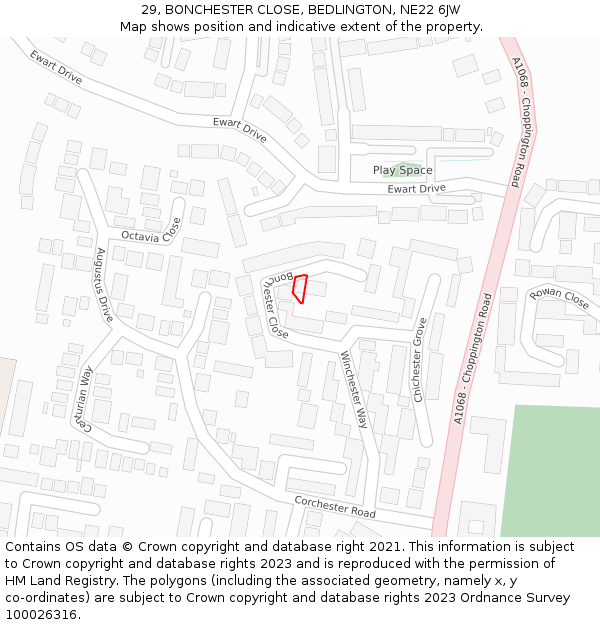 29, BONCHESTER CLOSE, BEDLINGTON, NE22 6JW: Location map and indicative extent of plot