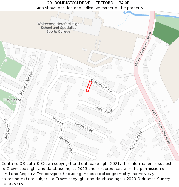 29, BONINGTON DRIVE, HEREFORD, HR4 0RU: Location map and indicative extent of plot