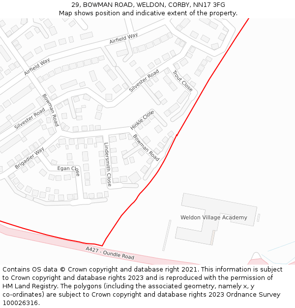 29, BOWMAN ROAD, WELDON, CORBY, NN17 3FG: Location map and indicative extent of plot