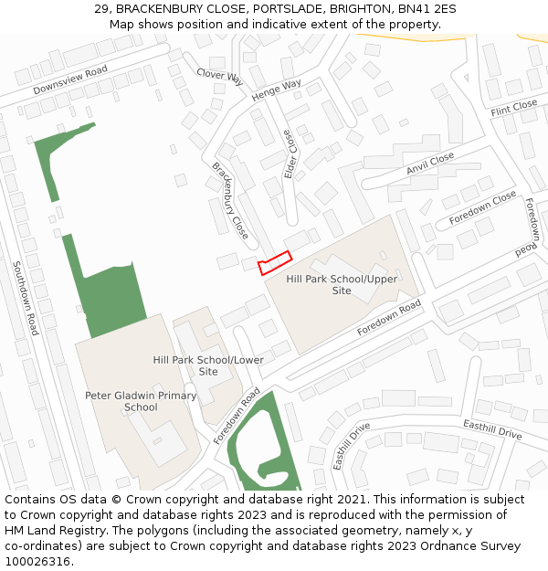 29, BRACKENBURY CLOSE, PORTSLADE, BRIGHTON, BN41 2ES: Location map and indicative extent of plot