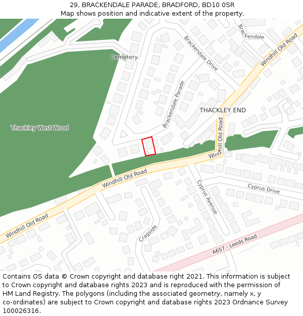 29, BRACKENDALE PARADE, BRADFORD, BD10 0SR: Location map and indicative extent of plot