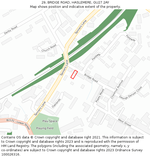29, BRIDGE ROAD, HASLEMERE, GU27 2AY: Location map and indicative extent of plot