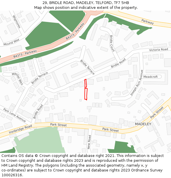 29, BRIDLE ROAD, MADELEY, TELFORD, TF7 5HB: Location map and indicative extent of plot