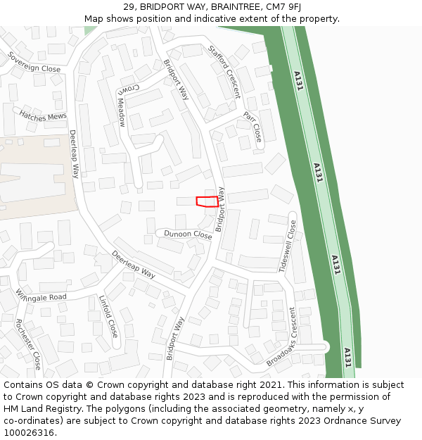 29, BRIDPORT WAY, BRAINTREE, CM7 9FJ: Location map and indicative extent of plot