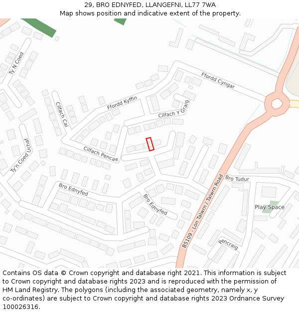 29, BRO EDNYFED, LLANGEFNI, LL77 7WA: Location map and indicative extent of plot