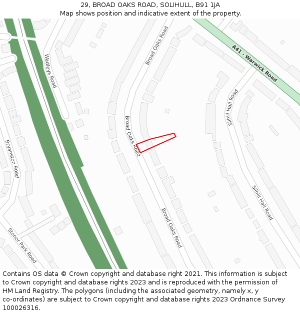 29, BROAD OAKS ROAD, SOLIHULL, B91 1JA: Location map and indicative extent of plot