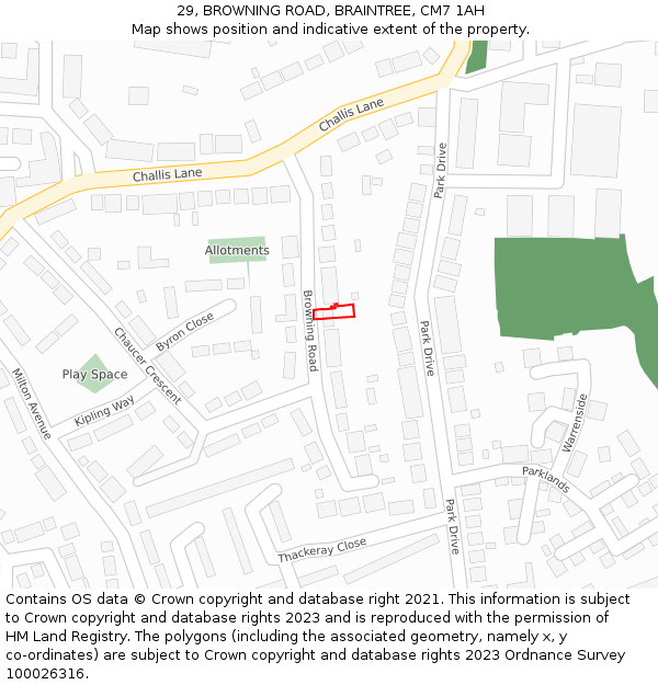 29, BROWNING ROAD, BRAINTREE, CM7 1AH: Location map and indicative extent of plot