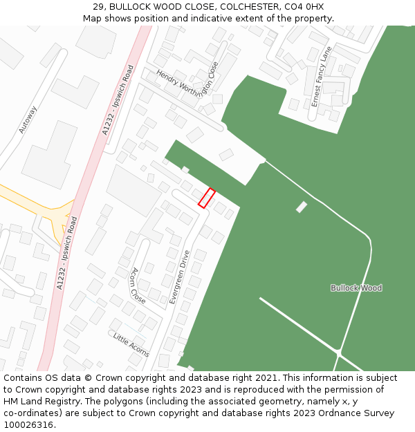 29, BULLOCK WOOD CLOSE, COLCHESTER, CO4 0HX: Location map and indicative extent of plot