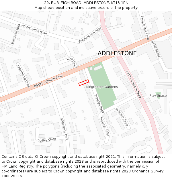 29, BURLEIGH ROAD, ADDLESTONE, KT15 1PN: Location map and indicative extent of plot