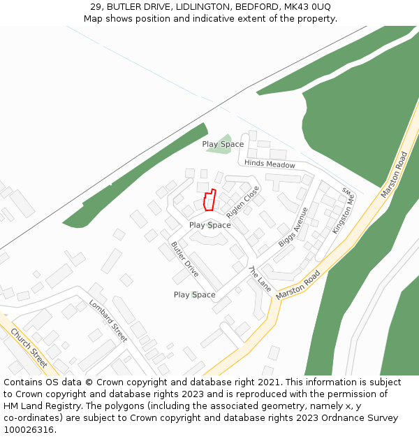 29, BUTLER DRIVE, LIDLINGTON, BEDFORD, MK43 0UQ: Location map and indicative extent of plot