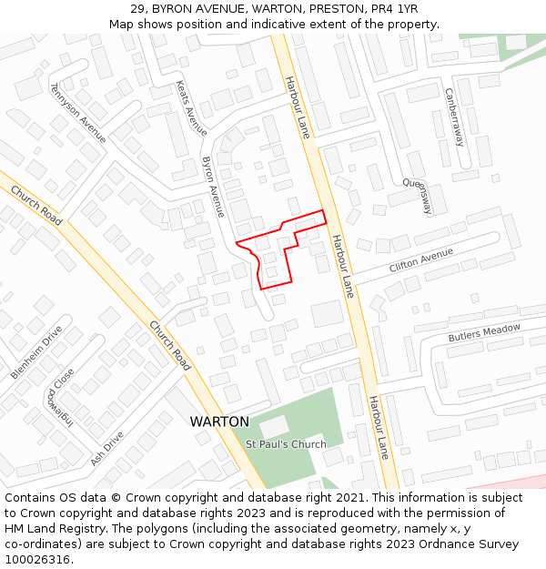 29, BYRON AVENUE, WARTON, PRESTON, PR4 1YR: Location map and indicative extent of plot