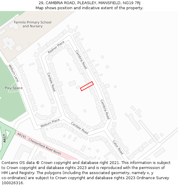 29, CAMBRIA ROAD, PLEASLEY, MANSFIELD, NG19 7RJ: Location map and indicative extent of plot